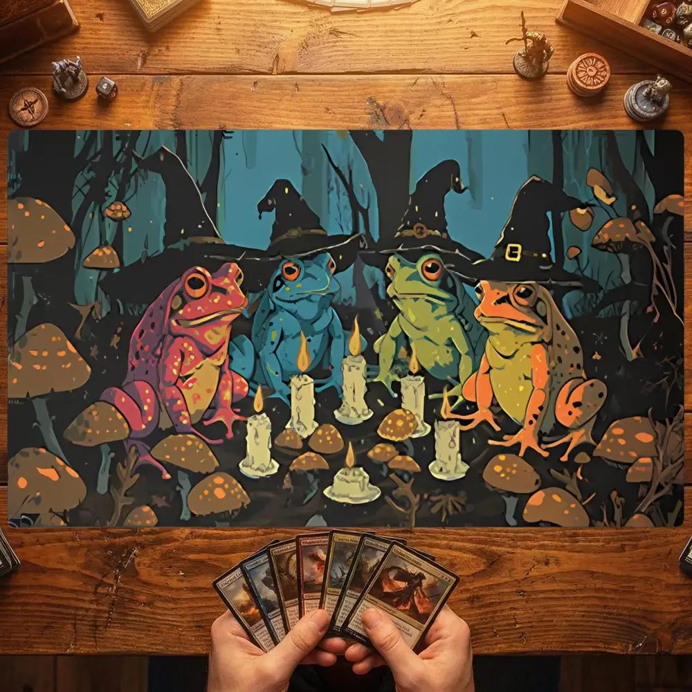 Magic Card Playmat TCG Playmat Frog Wizard Party Non-Slip Stitched Edge Tabletop Gaming Mats Tapete Magic Card Pad