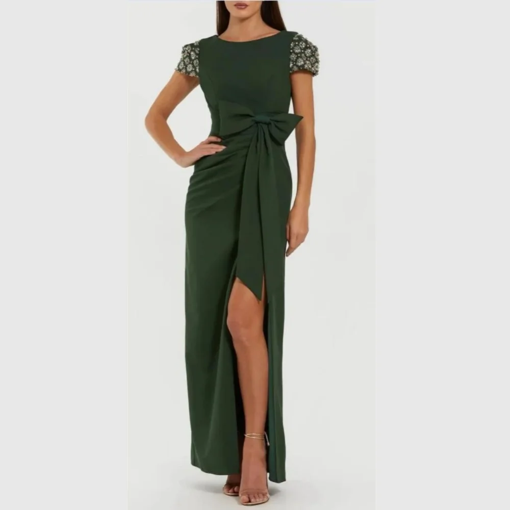 

Customized Green Jersey Intricate Sparkle Jersey Rhinestone Beading Bow Straight High Collar Long Dresses Evening Dresses Retro