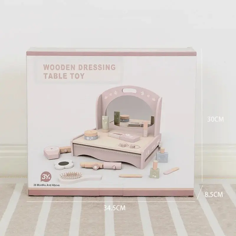 Conjunto de vaidade infantil de madeira estilo ins – brinquedo de espelho de penteadeira de princesa rosa, mesa de maquiagem simulada para dramatização infantil