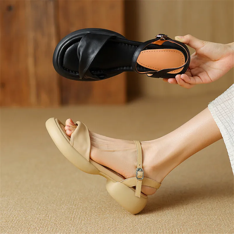 New Summer Sandals Split Leather Roman Sandals Casual Buckle Strap Summer Shoes for Women Chunky Heel Women Shoes Zapatos Mujer