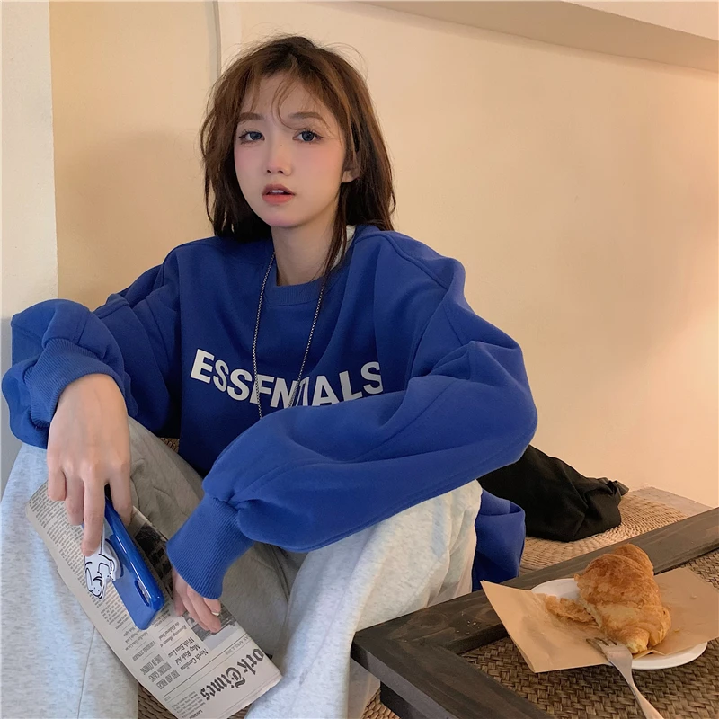 Women Dark Green Sweatshirt Letter Printing Crew Neck Korean Fashion Baggy Vintage Leisure Long Sleeves Pullover Tops Winter