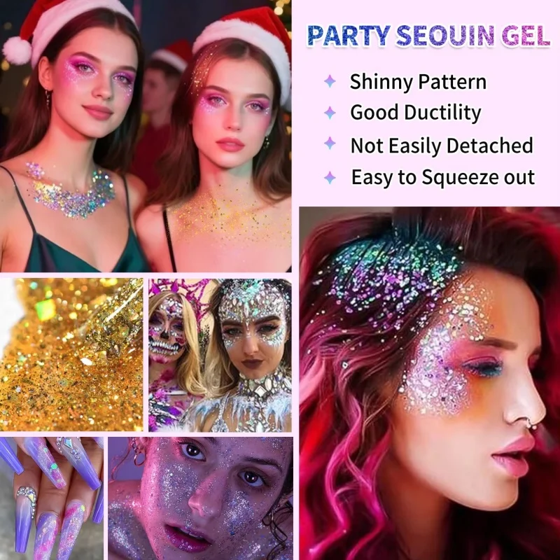 Sparkling Sequins Glitter Gel Stick 10 Color Body Glitter Gel Cosmetic Hair Glitter Festival Makeup for Christmas Party
