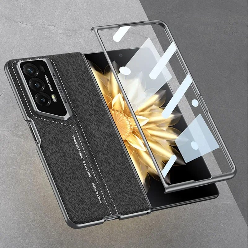 

Shockproof Armor PU Leather Case For Honor Magic V2 With Outer Glass Protector Blade Style Hard Cover For Honor Magic V2 Case