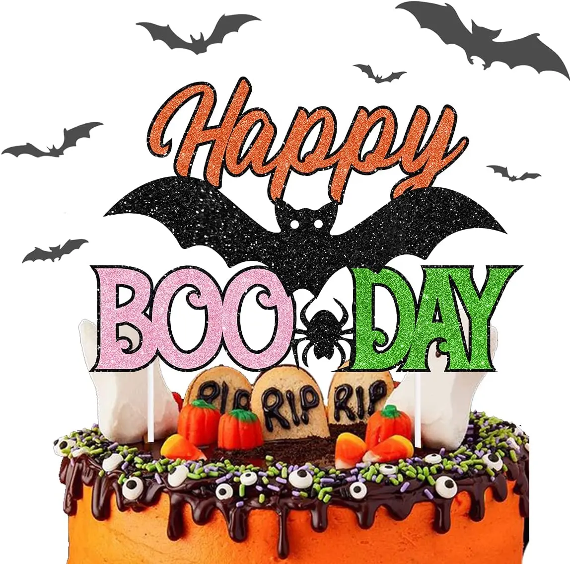 

FANGLELAND Halloween Themed Happy Boo Day Cake Topper with Spider and Bat Pattern Girls Birthday Party Dessert Table Decoration