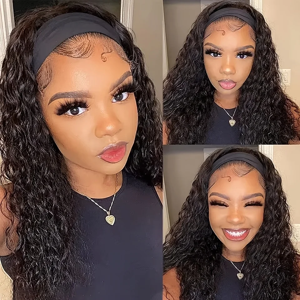 

Headband Human Hair Wigs 30 inches 200% Density Glueless Deep Wave Human Hair Wig with Headband No Lace Front Wigs For Black Women