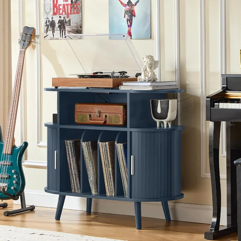 حامل مشغل تسجيل دائري كبير من LELELINKY مع قاعدة شحن ولوحة مخددة، خزانة قرص دوار حديثة باللون الأزرق الداكن في منتصف القرن wi #5