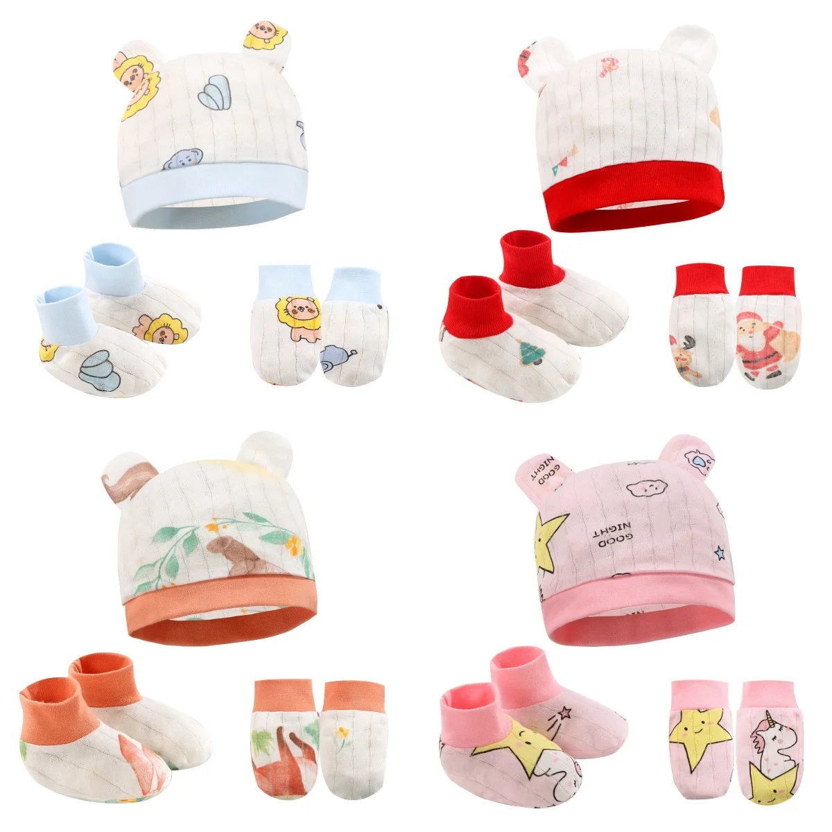 

Newborn Baby Hat, Anti Scratch Gloves and Socks Set Cotton Headwear Anti-grab Mittens and Foot Cover for Boys Girls Christmas