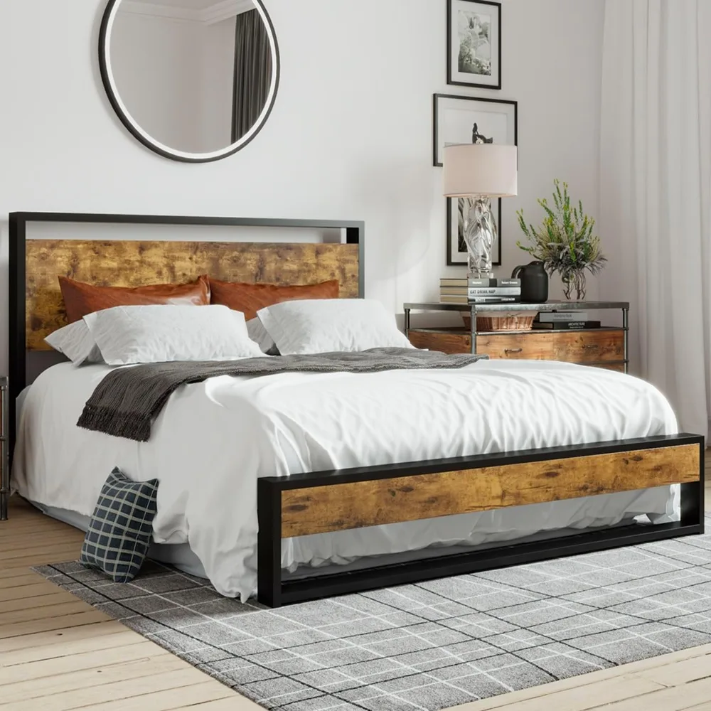 

Full Size Bed Frame with Wooden Headboard,Heavy Duty Metal Slats Support Platform,No Box Spring Needed,Rustic Brown