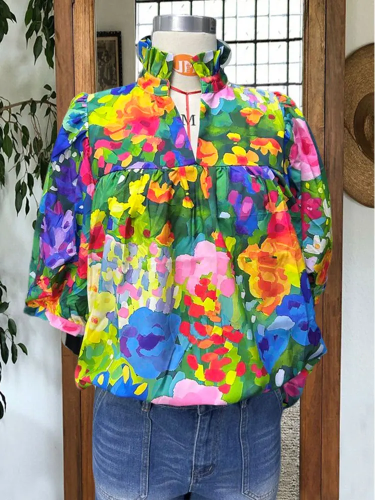 Elegant Contrast Floral Print Top Women Casual Loose Shirts Collar Blouse