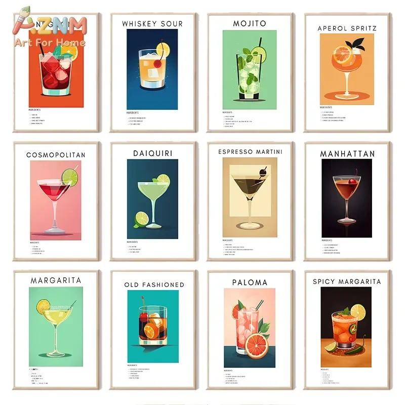 AZNM Classic Cocktail Art Print Set Frameless Canvas Wall Art, Retro Bar Menu Decor for Home Bar Kitchen