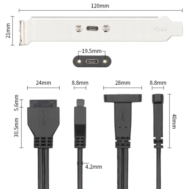 50cm Bochara MotherBoard IDC 20Pin to USB Type C 3.1 Female Cable Foil+Braided Shielded with Bracket Panel