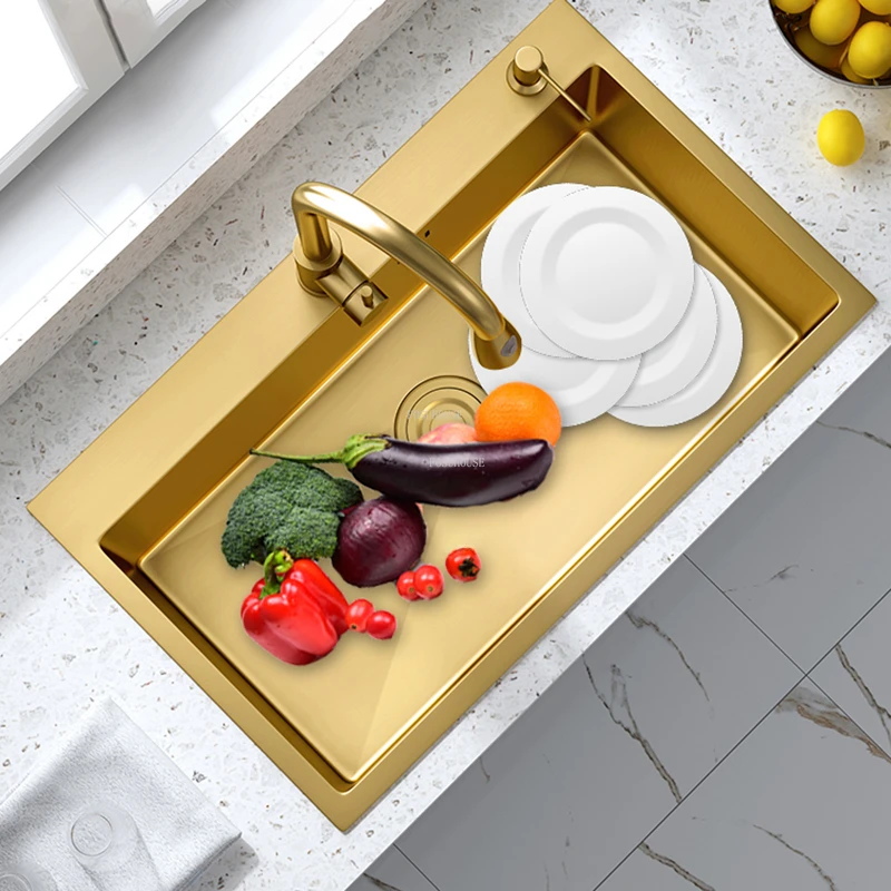 Gold Stainless Steel Kitchen Sinks Modern Home Kitchen Accessories Light Luxury Handmade Single-slot Kitchen Under-counter Basin