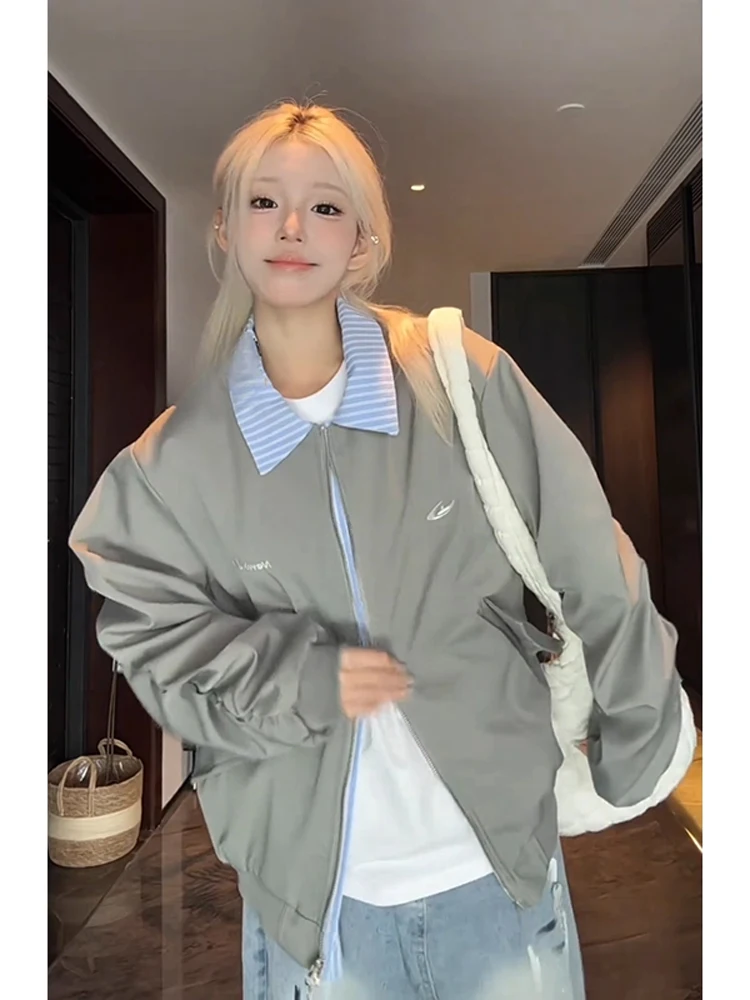 

American Sle Patchwork Striped Collar Flight Jaet for Women Loose Couple Baseball Outwear Men Spring Autumn Casual Coat