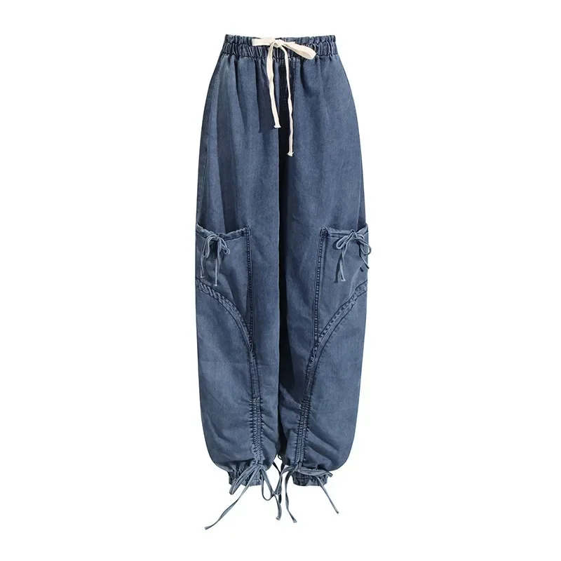 ALIDI 2024 Autumn New Elastic Waist Strap Jeans with Women's Personalized Drawstring Design, Legged Bubble Lantern Pants