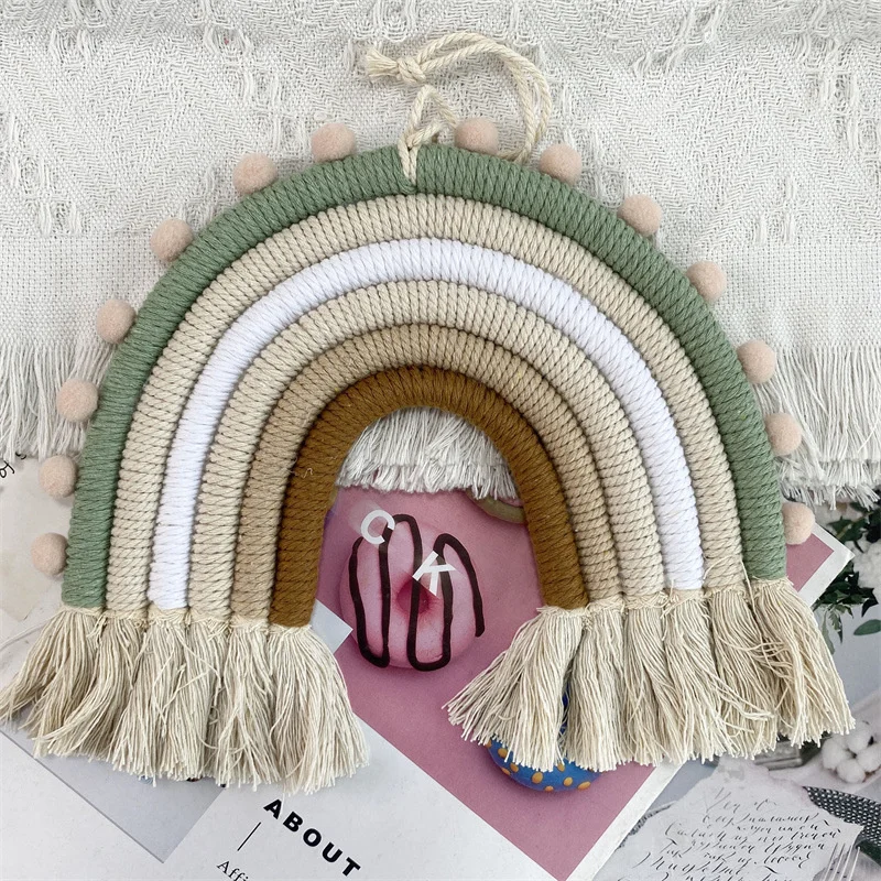 Boho Macrame Rainbow Wall Hanging With Pom‑poms Tassel Handmade Woven Wall Ornament Kids Nursery Bedroom Home Decor