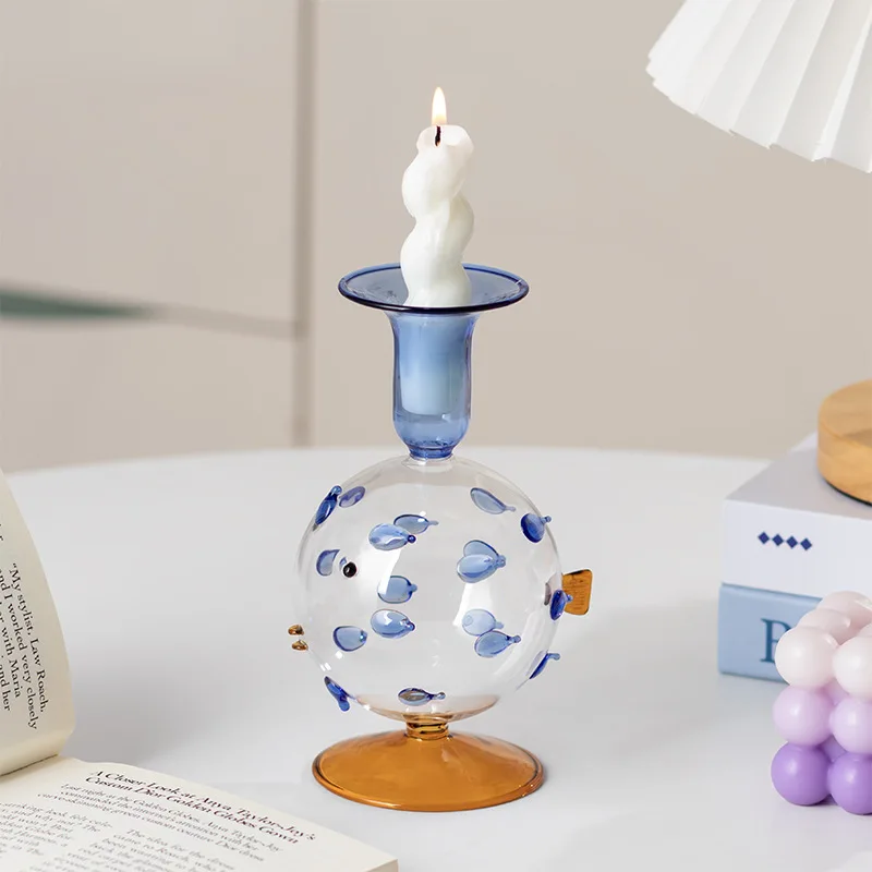 

LTT Creative Glass Mengqu Fugu Modeling Candlestick Ornament Homestay Home Decoration Candlestick