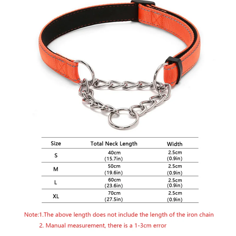 Adjustable Stainless Steel Chain Reflective Nylon Fabric Pet Collars Outdoor Exploration Proof Punch for Small Medium Large Dogs