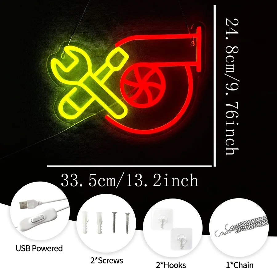LED Business Signs for Auto Repair Shop Man Cave Workshop Decor for Fathers Gift USB Sign Wrench Garage Neon Sign for Wall Decor