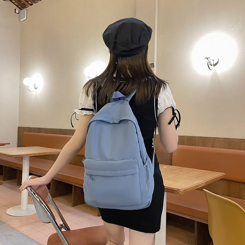 Simple Solid Color Backpack Women 2023 Waterproof Nylon School Bags For Teenager Girls Bookbag Lady Travel Backbag Shoulder Bag