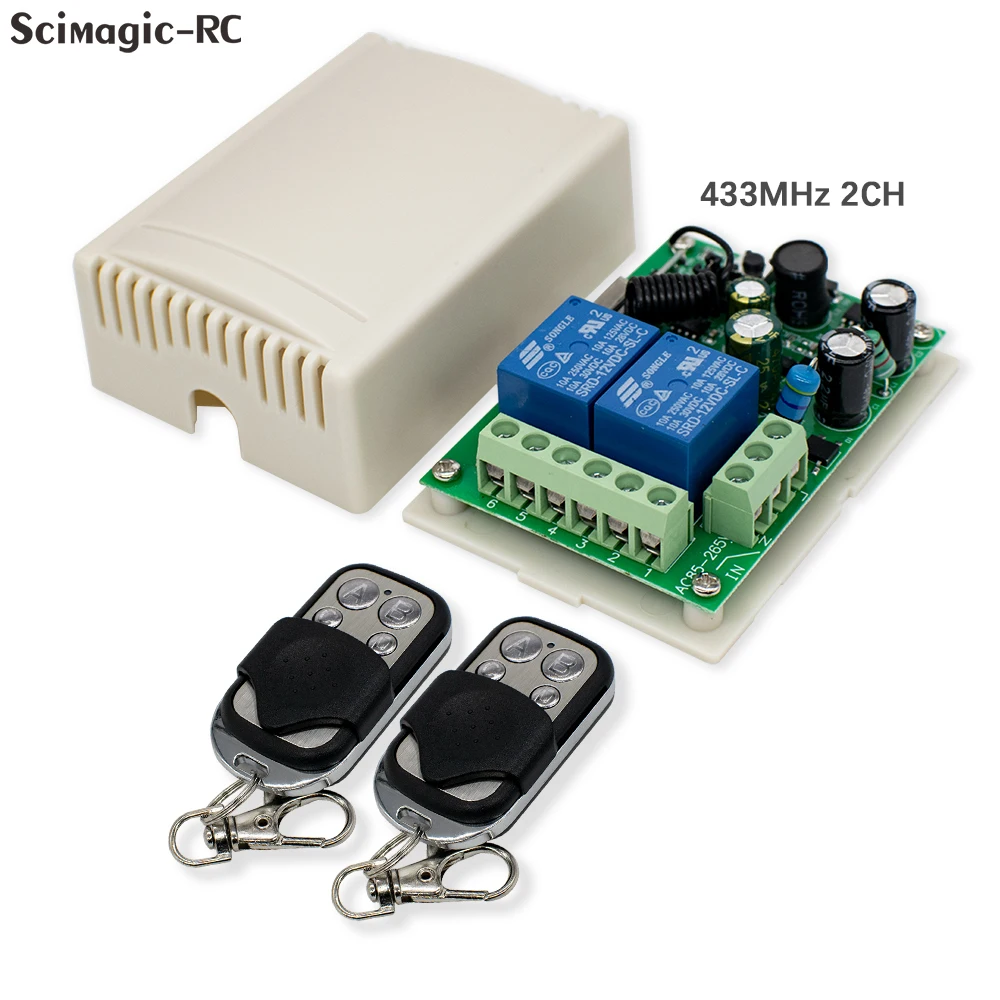 

Универсальный пульт дистанционного управления 433 МГц с приемником и передатчиком, реле 2 канала, 85-250В (110В/220В) для освещения, дверей, гаражей