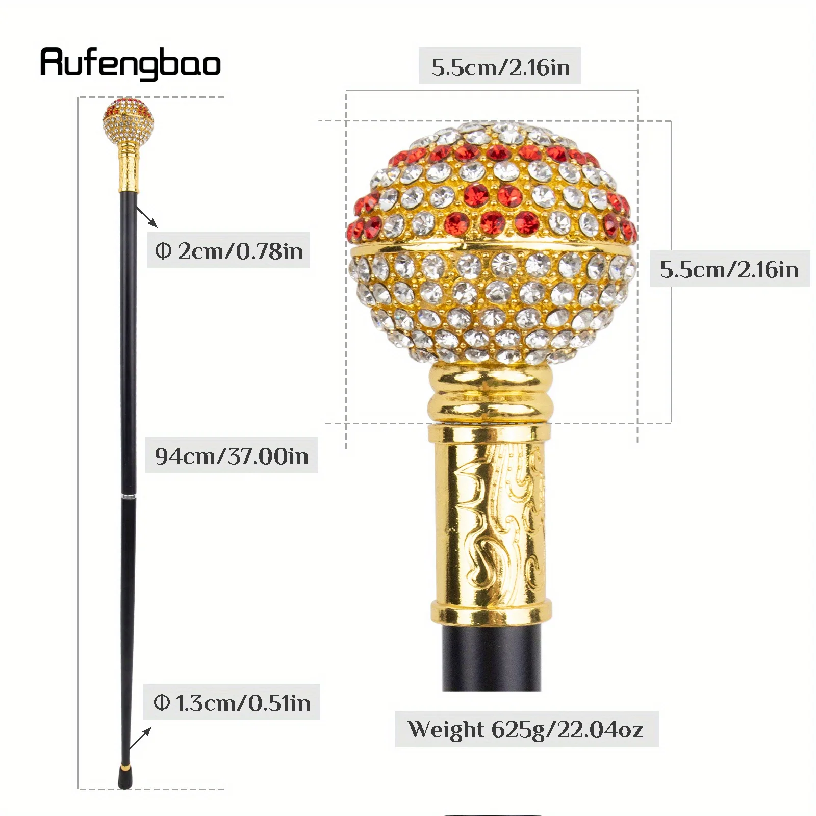 White Red Artificial Diamond Ball  Performance Stage Cane Stick Decorative Cane  For Cosplay And Parties, For Cosplay & Party