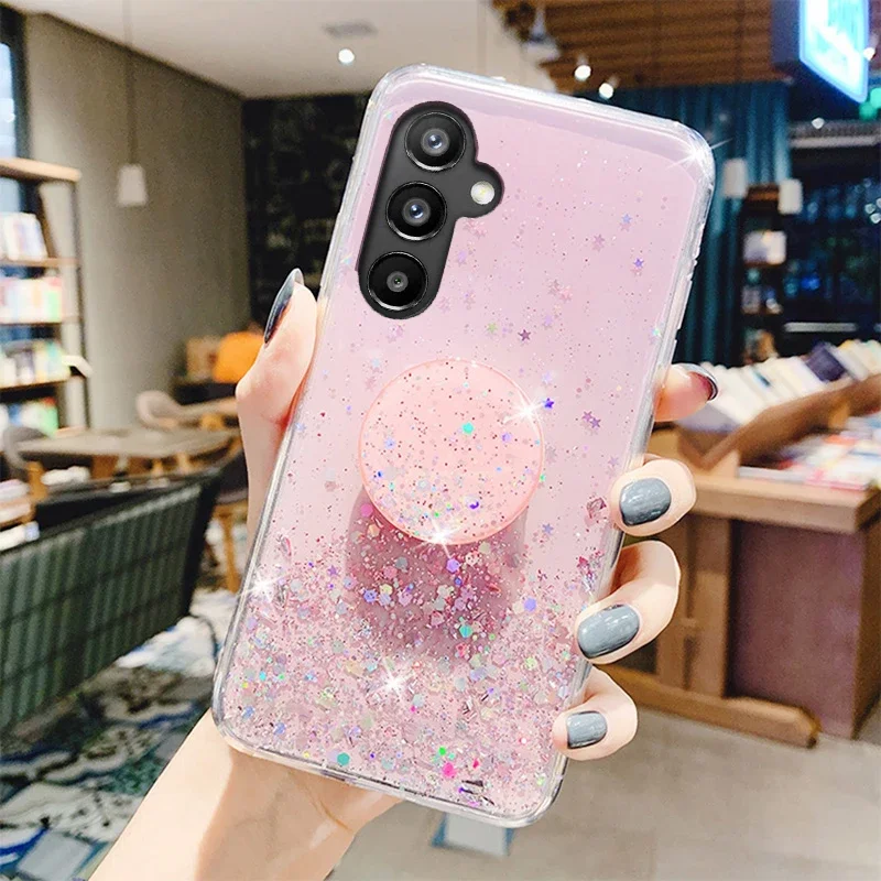 Bling Glitter Silver Foil phone holder Case For Samsung Galaxy A16 A06 5G Silicone Cover