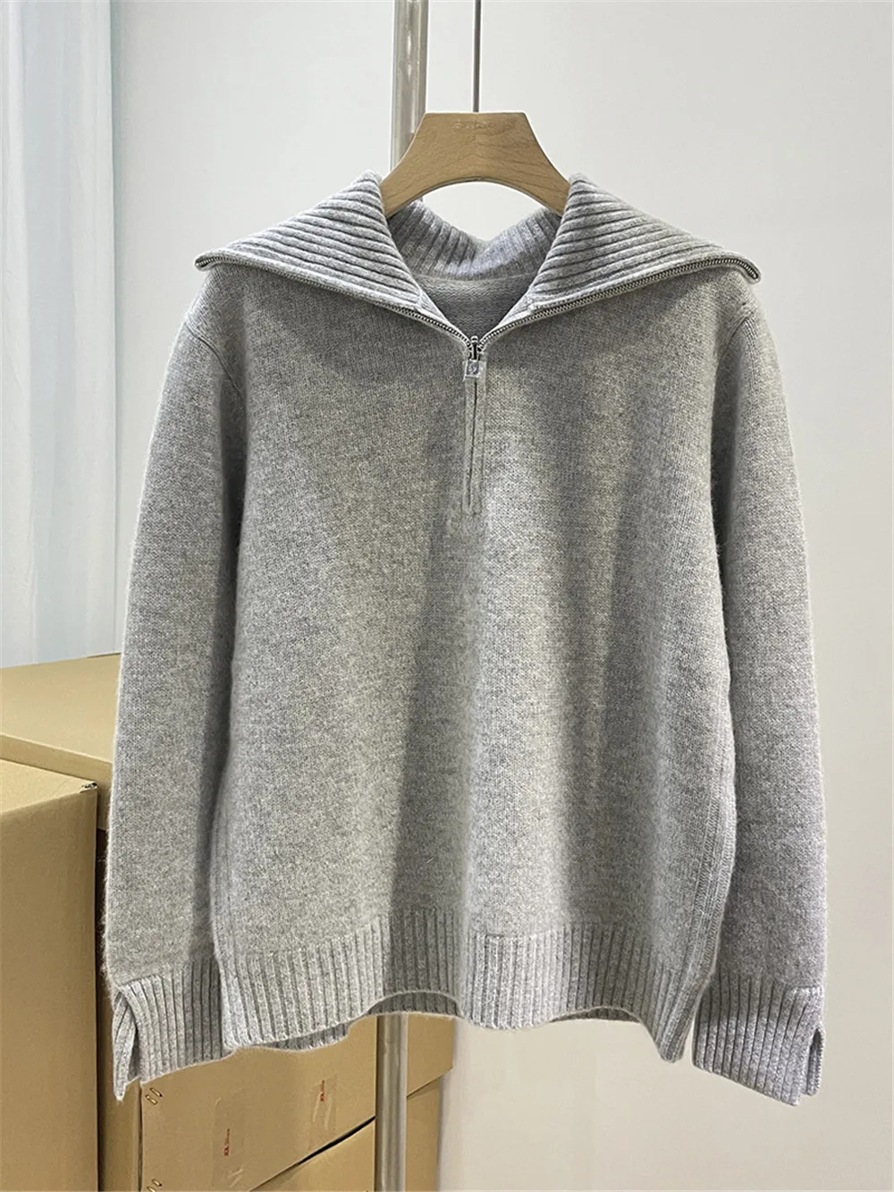 Half-Zip Pullover Cashmere Sweaters for Women Winter Solid Color Loose Casual Top for Female