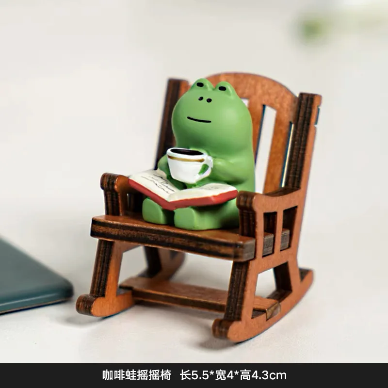 Cute Healing Small Decoration Cute Mini Frog Resin Figurine Rocking Chair Design with Book Coffee Home Bedroom Office Decoration - view 6