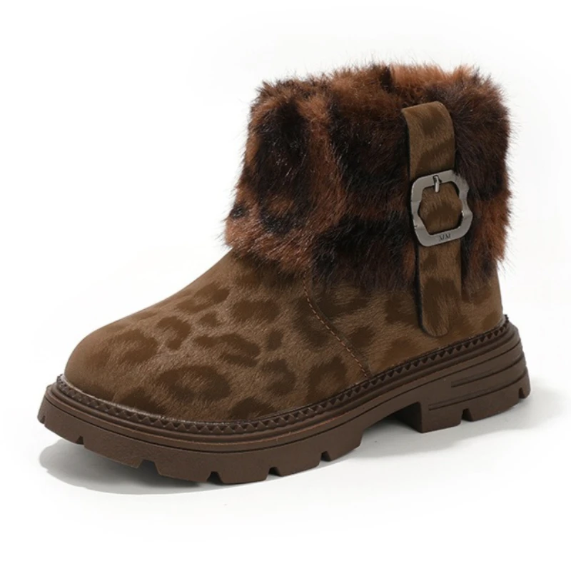 

2025 Winter Anti-slip Toddler id's Boots Leopard Print Fleece Lined Princess Shoes Thick Sole Warm Girls' Ankle Boots for Kids