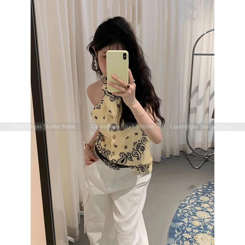 

2024 Niche Print Hanging Neck Camisole Tank Top Single Breasted Design Sexy Backless Tops Women Summer