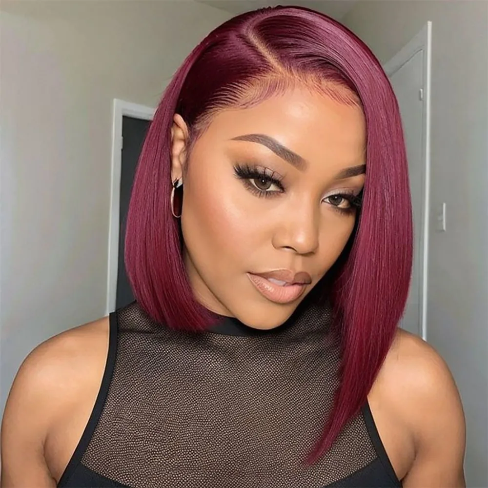 

8-14 Inch 99J Burgundy Straight Short Bob Wig 13x4 Transparent Lace Frontal Wig 100% Brazilian Human Hair Wig 180 Density