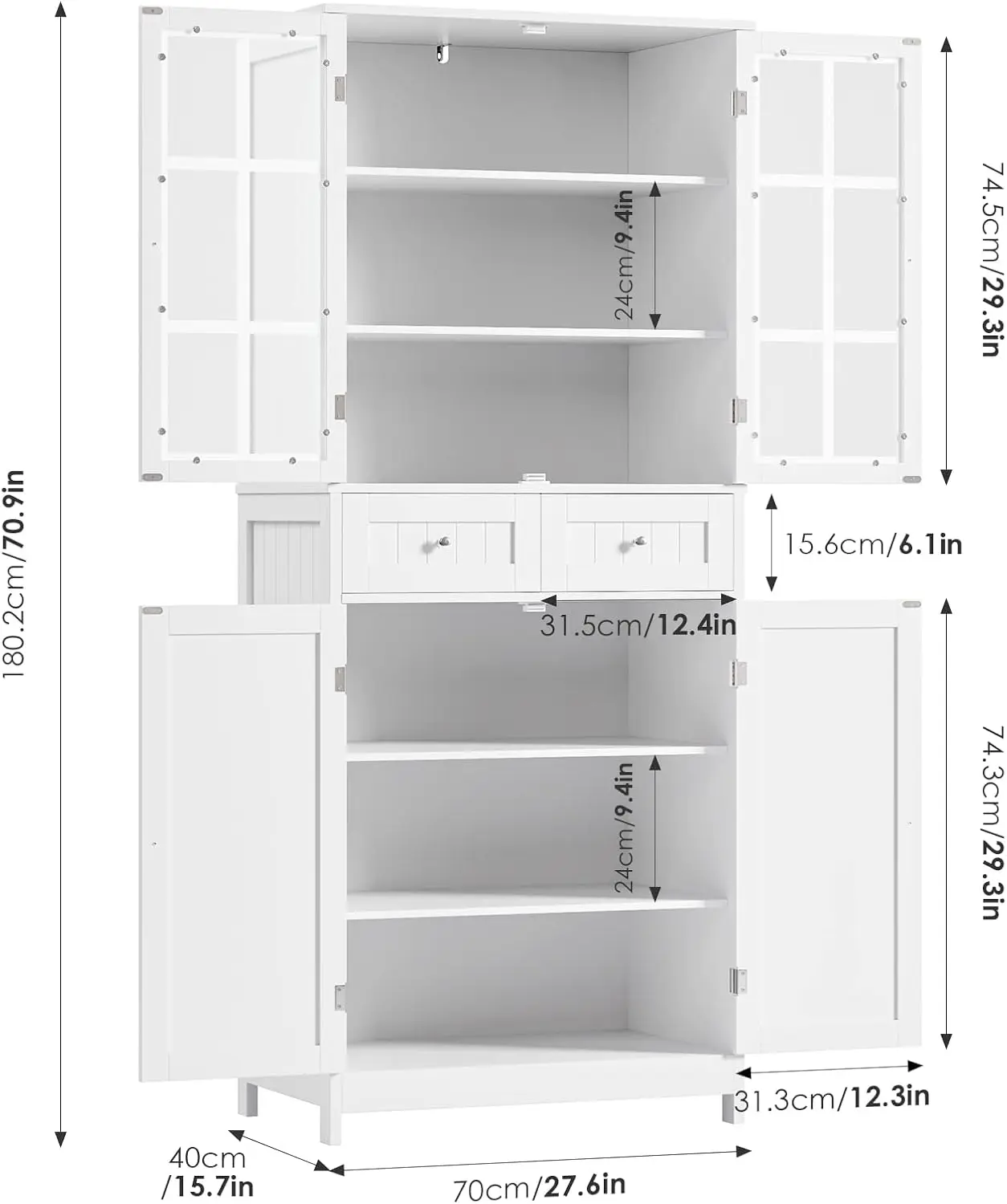 Tall Pantry Cabinet with 6 Shelves, 2 Drawers, Storage Cabinet with 4 Doors, for Dining Room