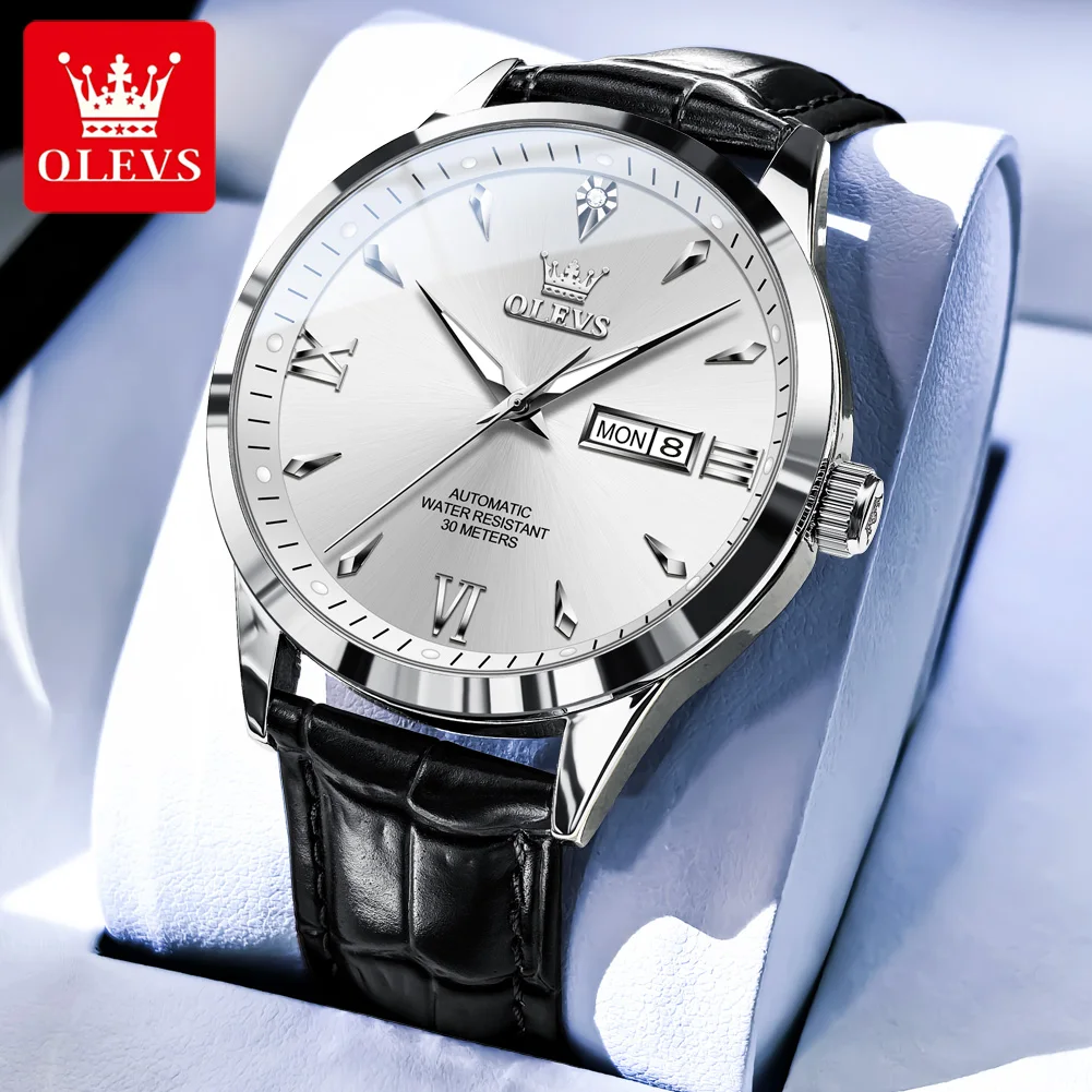 OLEVS 9956 reloj para hombre, reloj mecánico automático Original a la moda, correa de cuero resistente al agua, calendario, reloj de negocios de lujo para hombre