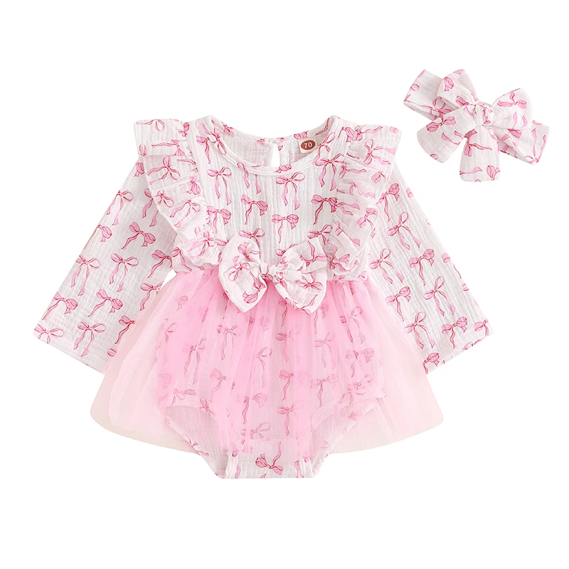 

Baby Girl Fall Romper Dress Bow Print Long Sleeve Crew Neck Tulle Skirt Hem Jumpsuit with Headband