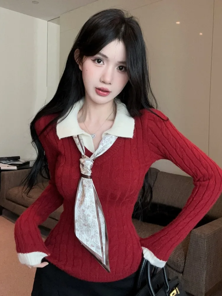

Autumn Winter Vintage Spicy Sweet Girl Red Twisted Knitwear Long Sleeve Women's Underwear Slim Fit Fake Two-Piece Top