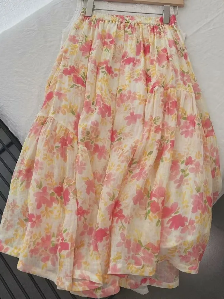 Jupe d'été en coton et lin pour femmes, taille haute, amincissante, longueur Midi, drapée, ligne a, jupe parapluie, imprimé Floral