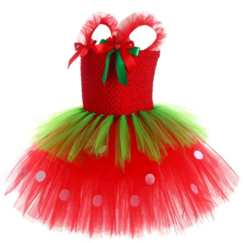 3 Layers Strawberry Ballet Tutus Dresses for Baby Girls Fruits Birthday Party Outfit Kids Fluffy Christmas Costumes with Hairbow