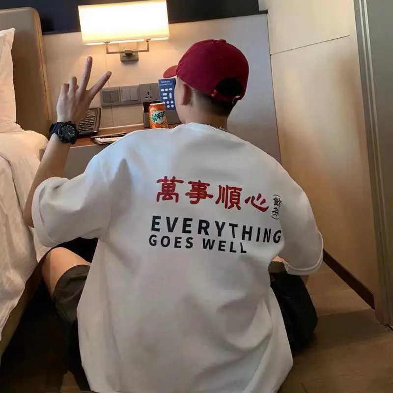 

Летняя мужская футболка большого размера из чистого хлопка с модным принтом, свободного кроя, трендовый топ