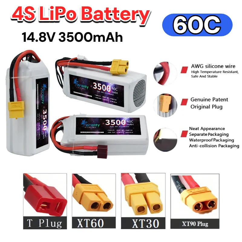 

4S 14.8V 3500mAh 60C Lipo Rechargeable Battery Pack with Deans T/XT30/XT60/XT90 Plug for Remote Control Models Airplane Car Boat