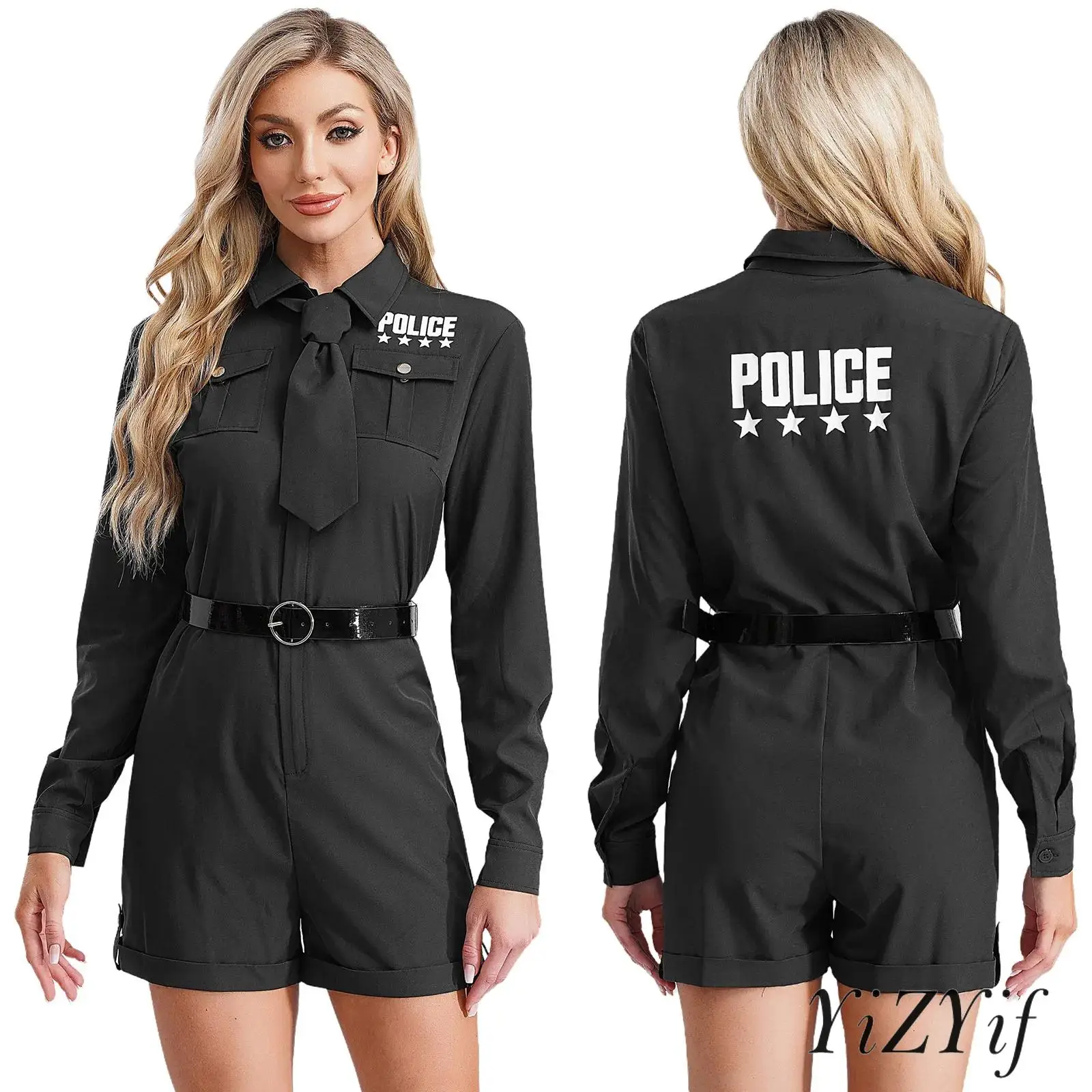 

Women Policewomen Role Play Costume Uniform Temptation Masquerade Party Long Sleeve Zipper Bodysuit Cop Jumpsuit +Tie +Belt Set