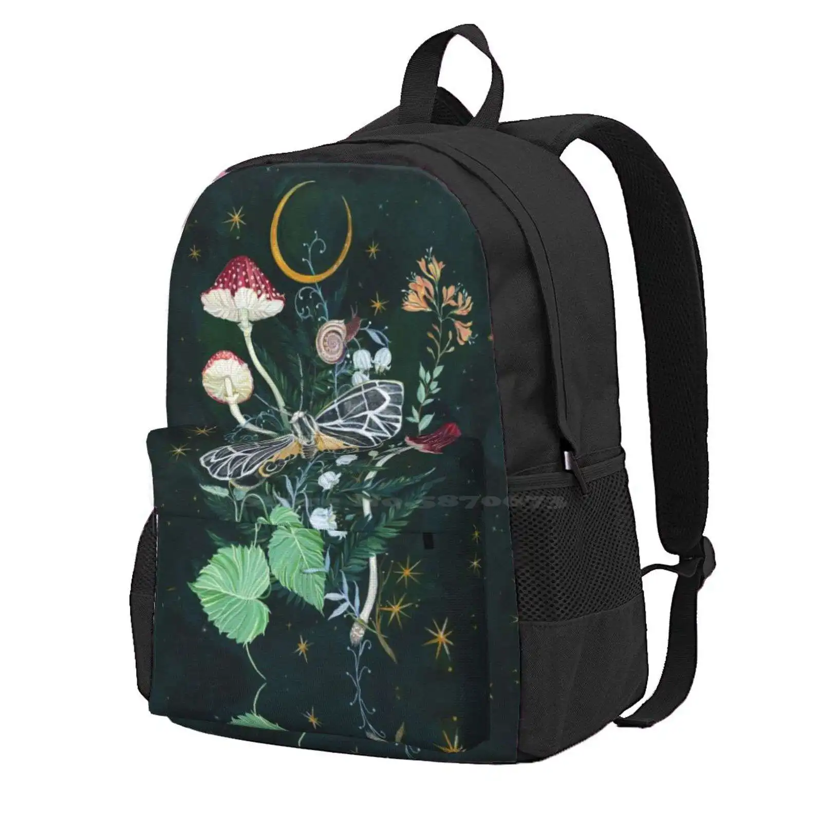 

Mushroom Night Moth Hot Sale Schoolbag Backpack Fashion Bags Mystical Moon Lunar Stars Moth Mushrooms Magical Witch Night Sky