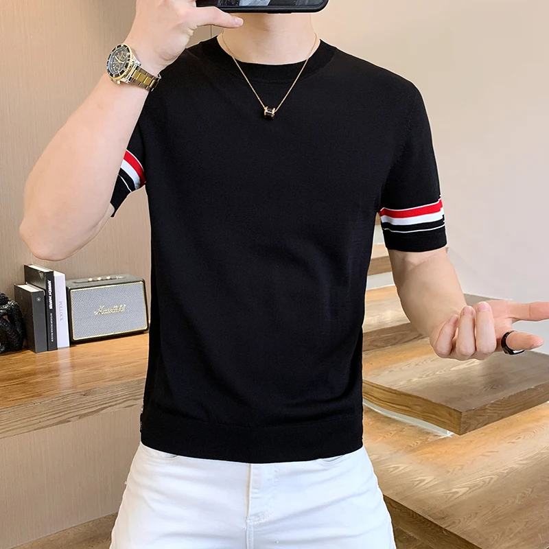 Brand Striped Knitted T-shirt Men Short Sleeve Slim Fit Casual Tshirts Fashion Elastic Ice Silk Round Neck Business Social Tee