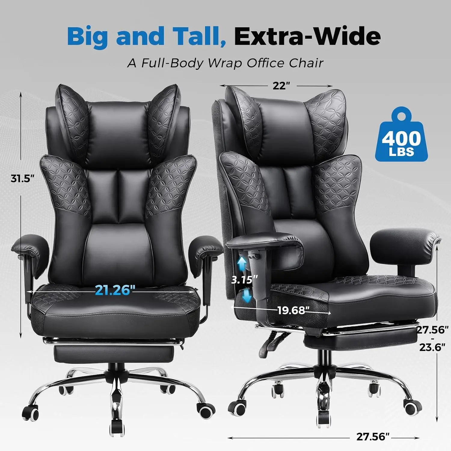 Big and Tall Office Chair Wide Ergonomic Gaming Chair with Deluxe Embossing Designed Leather with Foot Rest,150°Reclining Adjust