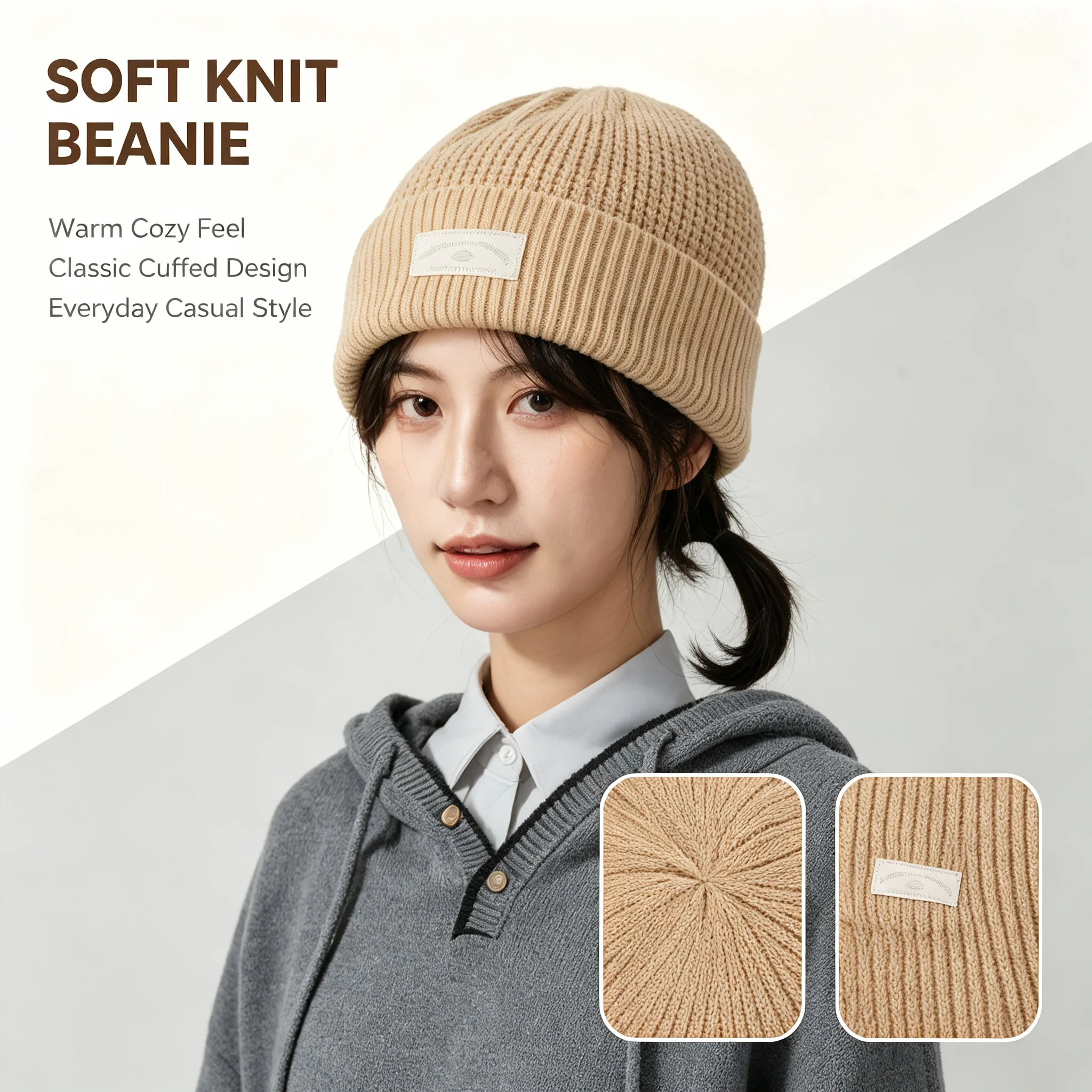 SKECHERS Beige Knit Beanie Hat Soft Warm Plain Knitted Cap Casual Daily Outdoor Unisex Headwear P225U128-03K8