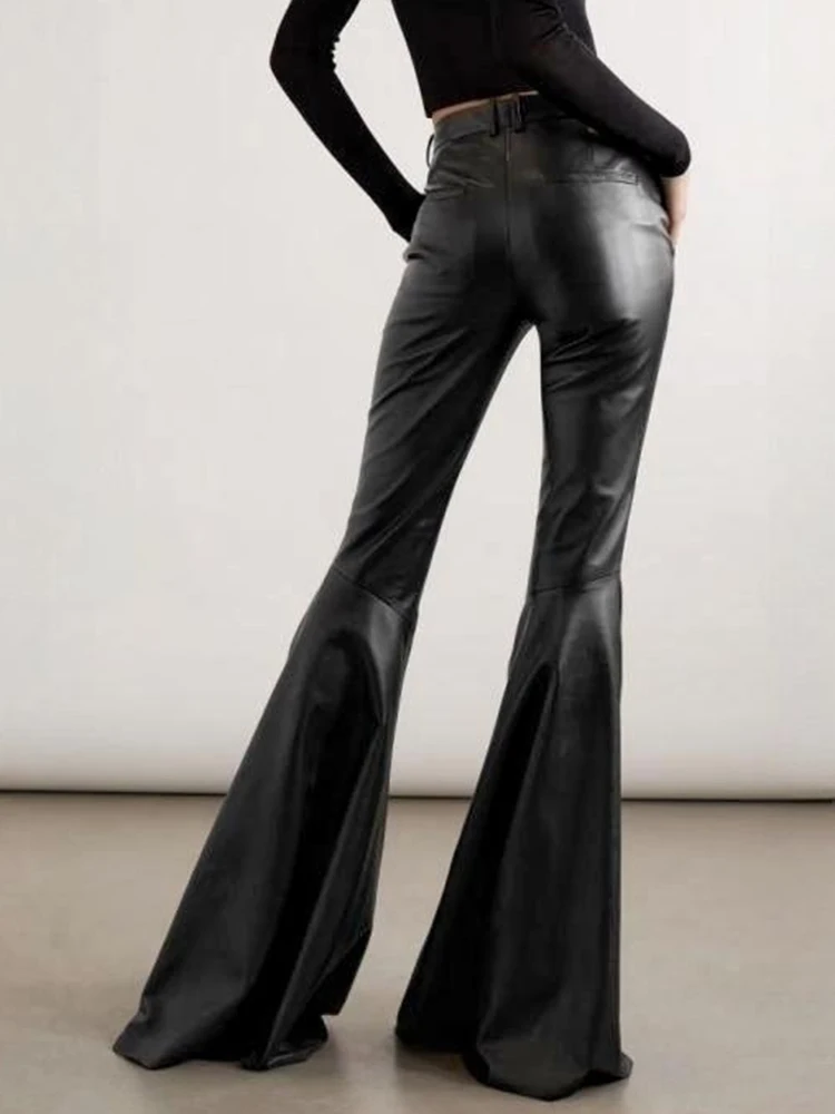 DEAT Fashion Women\'s Pu Leather Pant High Waist Black Zipper Pockets Slim Full Length Flared Trouser Winter 2024 New Tide 7AB109