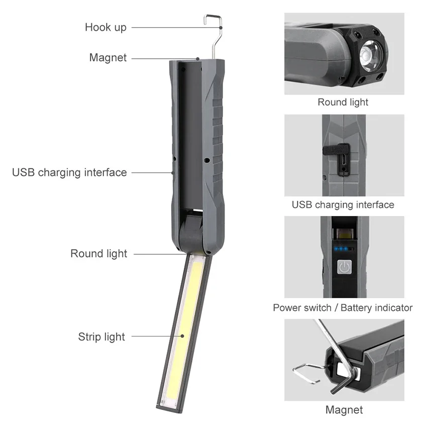 ไฟกลมแบบพับได้ไฟ USB สำหรับซ่อมรถยนต์แบบแม่เหล็กชาร์จไฟได้4โหมดตัวแสดงกำลังไฟฉุกเฉินกลางแจ้ง