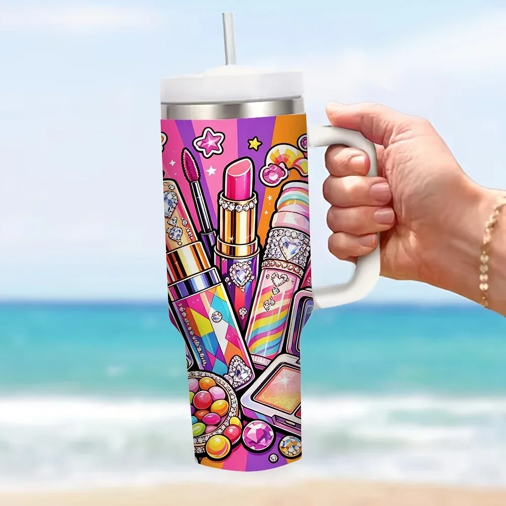 40oz Tumbler with Handle, Insulated Cup for Hot and Cold Drinks, Glam Makeup Dessert Print, Ideal for Women Daily Use, Suitable for Travel Outdoor and Indoor Daily Scenes