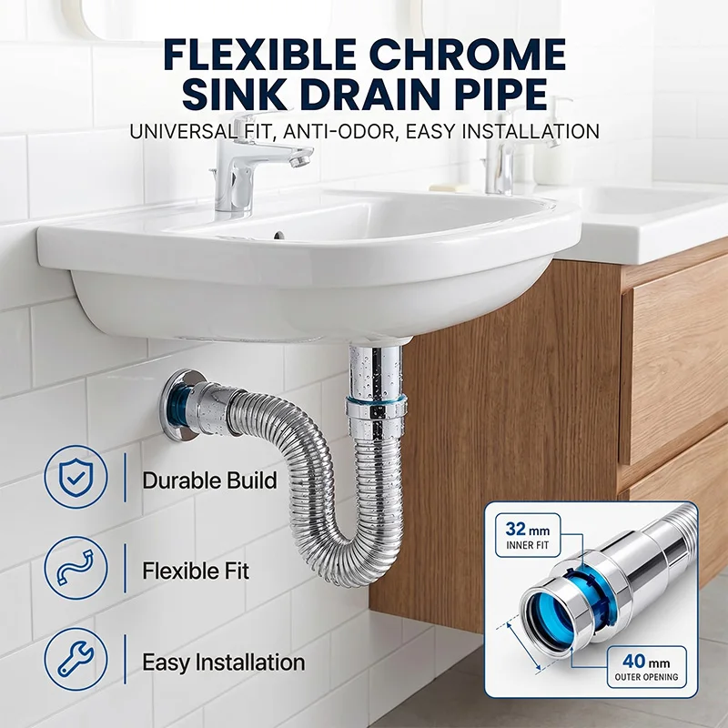 Flexible Stainless Steel Sink Drain Pipe S Trap Kitchen Bathroom Basin Waste Water Downpipe Anti Odor Plumbing Hose Connector