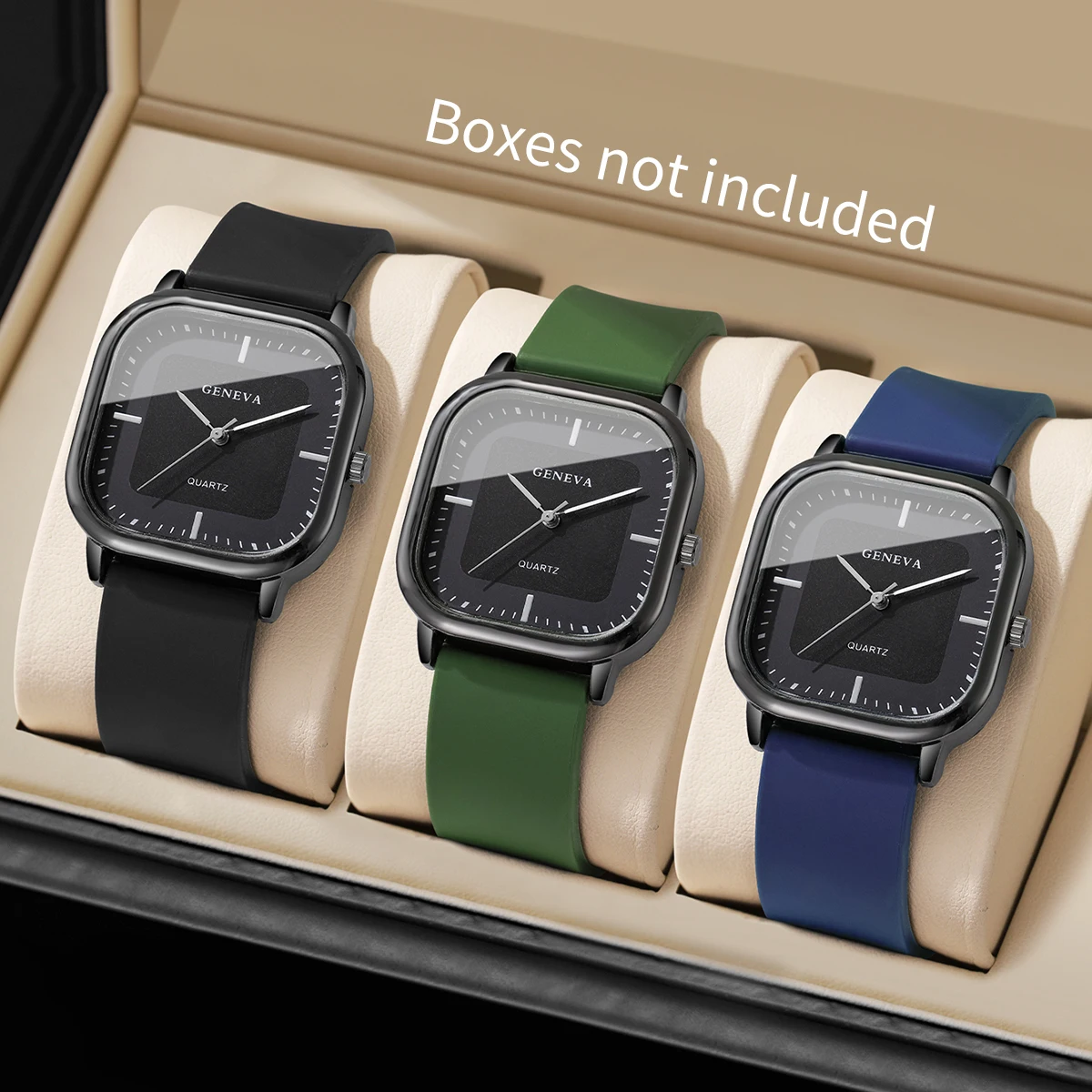 1/3 قطعة مجموعة ساعات رجالية مربعة الشكل عادية سيليكون ساعة يد بحزام للرجل ساعة Reloj Hombre (بدون صندوق)