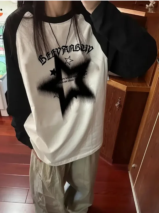 

American Retro Star Pattern Rascal Long-sleeved T-shirt for Women Autumn 2025 Fashion Loose Oversized Base Shirt Women Top Y2k